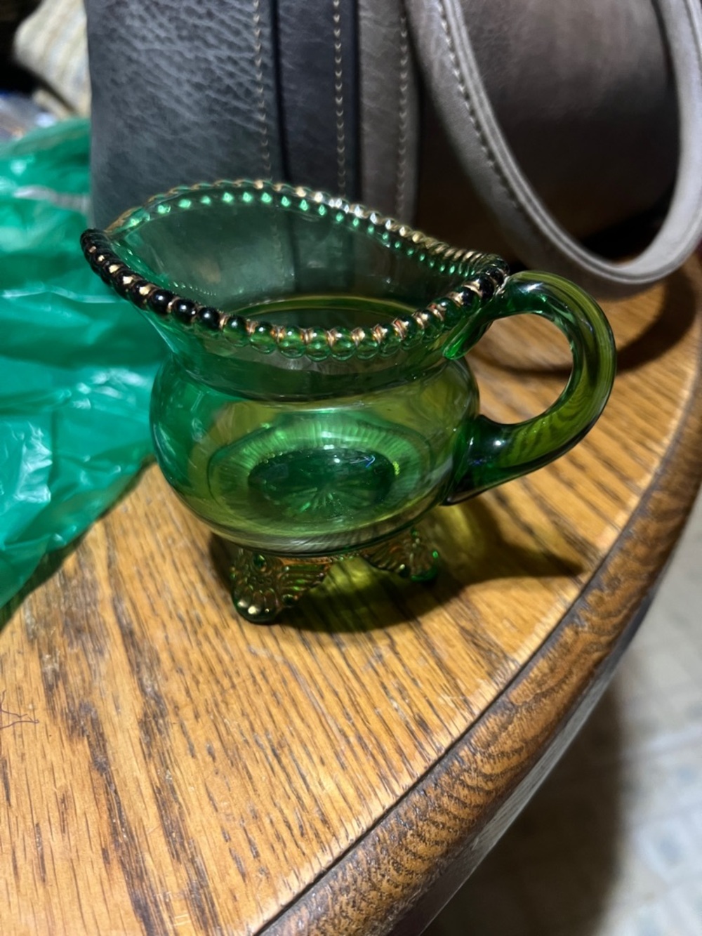 Retro Green Glass Creamer with Beaded Rim and Footed Base